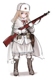 Rule 34 | 1girl, absurdres, aged down, belt, belt buckle, blonde hair, blue eyes, bolt action, boots, bow, brown bag, brown belt, brown footwear, buckle, cape, closed mouth, coat, full body, fur-trimmed coat, fur hat, fur trim, girls&#039; frontline, gloves, gun, hair between eyes, hat, highres, holding, holding gun, holding weapon, jacket, long hair, looking at viewer, mittens, mosin-nagant, mosin-nagant (girls&#039; frontline), pouch, rampart1028, red bow, rifle, russian clothes, sidelocks, simple background, skirt, solo, standing, star (symbol), ushanka, weapon, white background, white cape, white hat, white jacket, white legwear, white mittens, white skirt