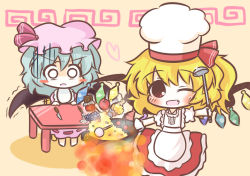 Rule 34 | 2girls, :o, ;d, adapted costume, apple, apron, asymmetrical hair, bad food, bad id, bad pixiv id, bat wings, blonde hair, blue hair, blush, blush stickers, candy, chair, chef hat, cherry, chibi, chocolate, chocolate bar, cooking, fang, female focus, fire, fire, flandre scarlet, food, fork, fruit, gloom (expression), grapes, happy, hat, heart, knife, ladle, lollipop, meandros, mob cap, multiple girls, o o, one eye closed, open mouth, oven mitts, red eyes, remilia scarlet, ribbon, short hair, siblings, side ponytail, sisters, sitting, smile, south114, table, touhou, trembling, turn pale, wings, wink