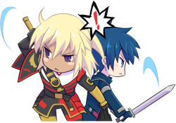 Rule 34 | !, &gt;:(, 2boys, artist request, black gloves, blonde hair, blue coat, blue eyes, blue gloves, blue hair, coat, fidel camuze, fingerless gloves, frown, gloves, looking to the side, male focus, multiple boys, no nose, official art, profile, purple eyes, serious, star ocean, star ocean integrity and faithlessness, sword, tan, v-shaped eyebrows, victor oakville, weapon