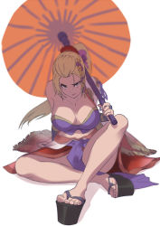 Rule 34 | 1girl, blonde hair, blue eyes, breasts, cleavage, japanese clothes, large breasts, long hair, looking at viewer, namco, ponytail, setsuka, soul calibur, soulcalibur, soulcalibur iv