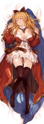 Rule 34 | 10s, 1girl, bad id, bad twitter id, bare shoulders, bed sheet, belt, black thighhighs, blonde hair, blush, bow, breasts, cleavage, closed eyes, dakimakura (medium), detached collar, detached sleeves, dress, from above, front-tie top, full body, gradient background, granblue fantasy, hair bow, jewelry, lace, large breasts, long hair, lying, minaba hideo, no bra, official art, on back, on bed, one side up, open belt, open mouth, parted lips, pendant, puffy detached sleeves, puffy sleeves, ribbon, sample watermark, short dress, sidelocks, sleeping, solo, surprised arms, thigh gap, thighhighs, untied, vira (granblue fantasy), waifu2x, watermark, zettai ryouiki