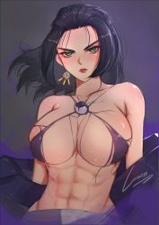 Rule 34 | 1girl, :i, abs, absurdres, adventurequest worlds, artix entertainment, bikini, black background, black hair, breasts, covered erect nipples, drakath (adventurequest worlds), earrings, english text, genderswap, genderswap (mtf), green eyes, green pupils, highres, jewelry, large breasts, long hair, looking at viewer, lovertee arts, purple bikini, red lips, serious, signature, solo, swimsuit