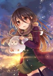 Rule 34 | 1girl, ahoge, alastor (shakugan no shana), black hair, black thighhighs, blurry, blush, bow, brown eyes, coat, depth of field, fur trim, hair between eyes, holding, holding stuffed toy, jewelry, ks (xephyrks), lens flare, long hair, necklace, nose blush, open clothes, open coat, open mouth, outdoors, pendant, scarf, school uniform, shakugan no shana, shana, sheep, skirt, sleeves past wrists, stuffed animal, stuffed sheep, stuffed toy, sunrise, thighhighs, wind