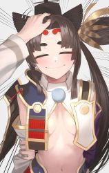 Rule 34 | 1girl, armor, asymmetrical sleeves, black hair, breast curtains, breasts, chorogon, closed eyes, fate/grand order, fate (series), feather hair ornament, feathers, hair ornament, hand on another&#039;s head, hat, highres, japanese armor, kusazuri, long hair, mismatched sleeves, navel, purple sleeves, revealing clothes, side ponytail, small breasts, solo focus, tate eboshi, ushiwakamaru (fate), very long hair, white sleeves