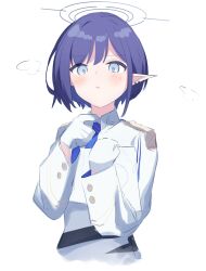 Rule 34 | 1girl, absurdres, adjusting collar, aoi (blue archive), blue archive, blue eyes, blue hair, blue necktie, clipboard, earclip, epaulettes, gloves, halo, highres, holding, holding clipboard, looking at viewer, necktie, pointy ears, riya (01214), short hair, simple background, solo, white gloves
