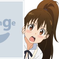 Rule 34 | 1girl, brown eyes, brown hair, long hair, mugen ouka, no image, open mouth, peeking out, pixiv, ponytail, portrait, solo, taneshima popura, vector trace, waitress, working!!