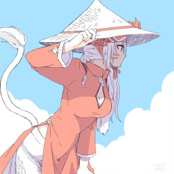 Rule 34 | 1girl, cat tail, chinese clothes, cleavage cutout, clothing cutout, cloud, day, facial mark, final fantasy, final fantasy xiv, flat color, hand on headwear, hat, leaning forward, lili mdoki, long hair, midriff peek, miqo&#039;te, profile, rice hat, side ponytail, side slit, signature, sketch, sky, solo, straw hat, tail, vietnamese dress, white hair