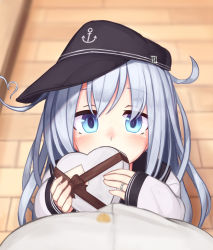 Rule 34 | 1boy, 1girl, admiral (kancolle), ahoge, anchor symbol, black hat, black sailor collar, blurry, blush, box, commentary request, covered mouth, depth of field, eyes visible through hair, flat cap, from above, gift, gift box, hat, heart, heart-shaped box, heart ahoge, hibiki (kancolle), highres, holding, holding box, holding gift, jewelry, kantai collection, long hair, long sleeves, looking at viewer, looking up, pavement, pov, reitou mikan, ring, sailor collar, school uniform, serafuku, sideways hat, silver hair, sleeves past wrists, solo focus, valentine, wedding band