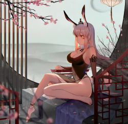 Rule 34 | 1girl, animal ears, ankle ribbon, anklet, barefoot, bow, braid, branch, breasts, cherry blossoms, collar, dress, elbow gloves, facepaint, facial mark, gloves, grey hair, hair ornament, highres, hill, jewelry, kaavi, lamp, large breasts, leg ribbon, long hair, looking to the side, mahjong soul, navel, no bra, rabbit ears, ribbon, s2rid, side braid, sideboob, sitting, stone floor, thighs, tight clothes, tight dress, yellow eyes, yostar