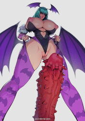 Rule 34 | 1girl, blue eyes, breasts, breasts out, cleft of venus, curvy, demon girl, frontal wedgie, gigantic breasts, green hair, heart, heart-shaped pupils, highres, huge breasts, huge penis, large areolae, large nipples, long hair, looking at penis, monster, morrigan aensland, penis, puffy areolae, puffy nipples, pussy, pussy juice, smile, standing, symbol-shaped pupils, thick lips, tight clothes, torn clothes, tortuga, veins, veiny penis, wedgie, wings