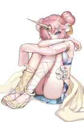 Rule 34 | anklet, arm wrap, bikini, bikini skirt, crossed arms, detached sleeves, double bun, fate/apocrypha, fate/grand order, fate (series), frankenstein&#039;s monster (fate), frankenstein&#039;s monster (swimsuit saber) (first ascension) (fate), full body, hair bun, hair ornament, hair over one eye, headgear, horns, jewelry, knees to chest, leg wrap, looking at viewer, mins (minevi), pink hair, pleated skirt, purple eyes, sandals, short hair, simple background, single detached sleeve, single horn, sitting, skirt, sleeves past wrists, solo, swimsuit, white background
