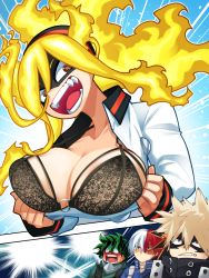 Rule 34 | 1girl, 3boys, age difference, black bra, blonde hair, blouse, blush, boku no hero academia, bra, breasts, burnin (boku no hero academia), cleavage, fiery hair, fire, flashing, green hair, hair between eyes, highres, kamiji moe, lace, large breasts, long hair, multicolored hair, multiple boys, open clothes, open mouth, open shirt, orange eyes, pocopocomeron, red eyes, red hair, scar, sharp teeth, shirt, spiked hair, teeth, underwear, white hair, white shirt