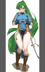 Rule 34 | 1girl, absurdres, black panties, blush, boots, breasts, clothes lift, dress, earrings, fingerless gloves, fire emblem, fire emblem: the blazing blade, fire emblem engage, gloves, gluteal fold, green eyes, green hair, green panties, groin, high ponytail, highres, jewelry, large breasts, long hair, looking at viewer, lyn (fire emblem), monoi daru, nintendo, open mouth, panties, pelvic curtain, pelvic curtain lift, ponytail, short sleeves, side slit, simple background, solo, sword, thong, underwear, very long hair, weapon, white background