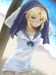 Rule 34 | &gt;:o, 1girl, :o, bad id, bad pixiv id, beach, blonde hair, blurry, blush, breasts, collarbone, cowboy shot, day, depth of field, dress, drying, drying hair, fate/grand order, fate (series), green eyes, highres, long sleeves, looking at viewer, mordred (fate), mordred (fate) (all), mordred (fate/apocrypha), mordred (swimsuit rider) (fate), mordred (swimsuit rider) (second ascension) (fate), ramchi, sailor dress, school uniform, see-through silhouette, serafuku, small breasts, solo, tan, towel, v-shaped eyebrows, wet, wet clothes