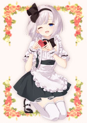 Rule 34 | 1girl, ;d, alternate costume, apron, arms up, black bow, black bowtie, black footwear, black skirt, black vest, blue eyes, blurry, bow, bowtie, commentary request, depth of field, enmaided, floral background, frilled apron, frills, full body, grey background, hair ribbon, head tilt, heart, heart hands, kneeling, konpaku youmu, lace, lace-trimmed skirt, lace trim, maid, maid apron, mary janes, one eye closed, open mouth, polka dot, polka dot background, puffy short sleeves, puffy sleeves, purin jiisan, ribbon, shirt, shoes, short hair, short sleeves, silver hair, skirt, smile, solo, swept bangs, thighhighs, touhou, vest, white shirt, white thighhighs, wrist cuffs