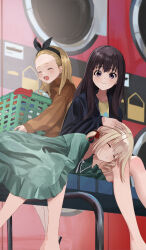 Rule 34 | 3girls, absurdres, black hair, black hoodie, black ribbon, blonde hair, blush, brown hoodie, closed eyes, closed mouth, collarbone, collared dress, commentary, dress, drooling, frilled sleeves, frills, green dress, hair ribbon, hand on another&#039;s head, highres, hood, hoodie, indoors, inoue takina, kurumi (lycoris recoil), lap pillow, laundromat, laundry, laundry basket, light particles, long hair, long sleeves, looking at viewer, low twintails, lycoris recoil, mouth drool, multiple girls, neck ribbon, nishikigi chisato, open clothes, open hoodie, open mouth, purple eyes, red ribbon, ribbon, shirasuke 0822, shirt, short twintails, sidelocks, sitting, sleeping, smile, tearing up, teeth, twintails, yellow shirt, yuri
