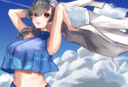 Rule 34 | 1girl, bikini, black hair, blue bikini, blue sky, breasts, cloud, hair flaps, hair ornament, hair over shoulder, hairclip, highres, jacket, jingei (kancolle), kantai collection, large breasts, long hair, looking at viewer, panda (heart sink), red eyes, sky, solo, swimsuit, upper body, white jacket