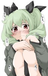Rule 34 | 1girl, anchovy (girls und panzer), anzio military uniform, between breasts, black necktie, blush, breasts, covering privates, covering breasts, drill hair, elf (stroll in the woods), girls und panzer, green hair, head out of frame, highres, looking at viewer, necktie, necktie between breasts, no bra, red eyes, self exposure, selfie, solo, sweat, translation request, twin drills, upper body, wavy mouth