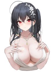 Rule 34 | 1girl, afpl (parrotz4), azur lane, black hair, breasts, cleavage, closed mouth, dress, earrings, flower, hair between eyes, hair flower, hair ornament, hair strand, hands up, highres, jewelry, large breasts, long hair, looking at viewer, messy hair, necklace, official alternate costume, red eyes, side ponytail, sidelocks, simple background, solo, taihou (azur lane), taihou (temptation on the sea breeze) (azur lane), upper body, white background, white dress