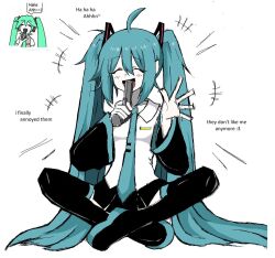 Rule 34 | +++, 1girl, ^ ^, absurdly long hair, ahoge, aqua hair, aqua necktie, black footwear, black skirt, black sleeves, blush, boots, closed eyes, collared shirt, commentary, detached sleeves, english commentary, english text, facing viewer, full body, gun, hair between eyes, hair ornament, hatsune miku, highres, holding, holding gun, holding weapon, imminent suicide, indian style, long hair, long sleeves, microsoft paint (medium), miniskirt, necktie, open hand, open mouth, peqermint, pleated skirt, reference inset, shirt, simple background, sitting, skirt, sleeveless, sleeveless shirt, smile, solo, suicide, thigh boots, twintails, very long hair, vocaloid, weapon, white background, white shirt