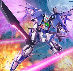 Rule 34 | amasaki yusuke, artist name, blue eyes, energy wings, explosion, gn drive, gundam, gundam 00 sky, gundam build divers, holding, holding sword, holding weapon, laser, looking to the side, mecha, mechanical wings, moon, no humans, open hand, robot, signature, sword, weapon, wings