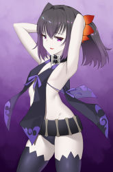 Rule 34 | 1girl, absurdres, armpits, arms up, bare shoulders, black choker, black hair, black thighhighs, braid, choker, commission, commissioner upload, flower, hair flower, hair ornament, highres, medium hair, mole, mole under eye, multicolored hair, multiple braids, purple eyes, purple hair, sideless outfit, smile, solo, symonne (tales), tales of (series), tales of zestiria, thighhighs, twintails, two-tone hair