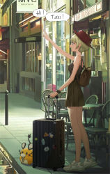 Rule 34 | 1girl, absurdres, arm up, backpack, bag, blonde hair, blue eyes, brown bag, commentary request, coney, creatures (company), dedenne, english text, eyelashes, game freak, gen 6 pokemon, hat, highres, holding, ice cream cone, nintendo, open mouth, outdoors, pokemon, pokemon (creature), red headwear, road, shoes, short hair, sneakers, speech bubble, standing, street, suitcase, teeth, upper teeth only, watch, white footwear, wristwatch