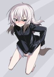 Rule 34 | 10s, 1girl, angry, arm behind back, bad id, bad twitter id, barefoot, black jacket, blue eyes, blush, closed mouth, commentary, cosplay, dog tail, dress shirt, embarrassed, erica hartmann, erica hartmann (cosplay), frown, full body, girls und panzer, gradient hair, grey background, grey shirt, itsumi erika, jacket, kemonomimi mode, kneeling, long hair, long sleeves, looking at viewer, military, military uniform, multicolored hair, no pants, shirt, shirt tug, silver panties, solo, strike witches, tail, take shinobu, tearing up, uniform, v-shaped eyebrows, wavy mouth, world witches series