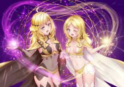 Rule 34 | 2girls, blonde hair, breasts, cape, cleavage, cosplay, covered navel, dark mage (fire emblem fates), fire emblem, fire emblem awakening, fire emblem fates, grandmother and granddaughter, hair down, large breasts, lissa (fire emblem), long hair, meryosie, multiple girls, nintendo, one eye closed, open mouth, ophelia (fire emblem), ophelia (fire emblem) (cosplay), panties, small breasts, smile, underwear, yellow panties