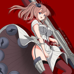 Rule 34 | 1girl, anchor, battle effectiveness award, belt, blue eyes, breast pocket, breasts, brown hair, cowboy shot, dated, dress, flight deck, garter straps, grey eyes, hair between eyes, kantai collection, large breasts, looking at viewer, machinery, magazine (weapon), moke ro, neckerchief, pocket, ponytail, red neckerchief, red thighhighs, saratoga (kancolle), side ponytail, sidelocks, smile, smokestack, smokestack hair ornament, solo, standing, thighhighs, twitter username, white dress