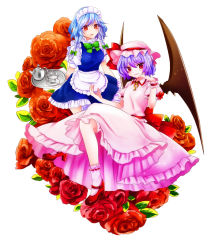 Rule 34 | 2girls, ankle socks, apron, bad id, bad pixiv id, bat wings, blue hair, braid, cup, expressionless, floral background, flower, hand on own chin, hat, hat ribbon, high heels, himeka, izayoi sakuya, light purple hair, looking at viewer, maid apron, maid headdress, mob cap, multiple girls, parted lips, puffy short sleeves, puffy sleeves, red eyes, red flower, red rose, remilia scarlet, ribbon, ribbon-trimmed legwear, ribbon trim, rose, short hair, short sleeves, simple background, sitting, skirt, skirt set, socks, teacup, teapot, touhou, tray, twin braids, white background, wings, wrist cuffs