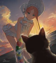 Rule 34 | 1girl, abigail williams (fate), abigail williams (swimsuit foreigner) (fate), abigail williams (swimsuit foreigner) (third ascension) (fate), absurdres, bare shoulders, bikini, black cat, blonde hair, blue eyes, blush, bonnet, bow, breasts, cat, drowzzi, fate/grand order, fate (series), forehead, gradient sky, hair bow, highres, innertube, leaning forward, long hair, looking at viewer, miniskirt, orange sky, parted bangs, photoshop (medium), sidelocks, skirt, sky, small breasts, smile, sunset, swim ring, swimsuit, thighs, twilight, very long hair, white bikini, white bow, white headwear