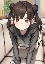 Rule 34 | 1girl, all fours, bare legs, black footwear, blush, brown hair, corrupted twitter file, couch, dolphin shorts, double bun, hair bun, highres, idolmaster, idolmaster shiny colors, indoors, long sleeves, looking at viewer, on couch, shorts, side slit, solo, sonoda chiyoko, syhan, twintails