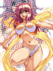 Rule 34 | 00s, 1girl, barefoot, bikini, breasts, halftone, halftone background, hisahiko, kaleido star, large breasts, long hair, naegino sora, navel, open mouth, outstretched arms, pink hair, purple hair, see-through, smile, solo, spread arms, swimsuit, zoom layer