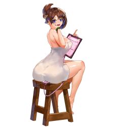 Rule 34 | 1girl, ass, barefoot, battery indicator, blue eyes, blush, breasts, brown hair, clipboard, covered erect nipples, earpiece, english text, feet, full body, green wristband, hair ornament, hairclip, heart, highres, holding, holding clipboard, huge ass, khan the swift, large breasts, last origin, looking at viewer, looking back, median furrow, mole, mole under mouth, mr.yun, naked towel, official alternate costume, official art, open mouth, shiny skin, short hair, shoulder blades, simple background, sitting, sitting on object, smile, solo, stool, sweat, tachi-e, talon feather (last origin), towel, transparent background, walkie-talkie, wet, white towel, wooden stool