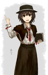 Rule 34 | 1girl, armband, beato2528, book, brown eyes, brown hair, capelet, dress shirt, female focus, grey background, hat, index finger raised, long sleeves, looking at viewer, necktie, parted lips, shirt, short hair, skirt, solo, touhou, usami renko