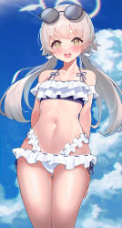Rule 34 | 1girl, absurdres, arms behind back, bare arms, bare legs, bare shoulders, bikini, bikini skirt, blue archive, blue sky, blush, breasts, cloud, collarbone, day, eyewear on head, frilled bikini, frills, gluteal fold, hair between eyes, halo, hifumi (blue archive), hifumi (swimsuit) (blue archive), highres, layered bikini, long hair, looking at viewer, low twintails, navel, nuo nuomi ci, open mouth, outdoors, sky, solo, standing, sunglasses, swimsuit, thigh gap, twintails, white bikini, yellow eyes