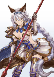 Rule 34 | &gt;:), 10s, 1girl, animal ears, armor, armored dress, bad id, bad pixiv id, braid, breasts, brown eyes, cleavage, closed mouth, cowboy shot, dress, erune, gauntlets, granblue fantasy, hair between eyes, hair tubes, hairband, heles, holding, holding weapon, large breasts, leaning forward, long hair, looking at viewer, low-tied long hair, maekawa yuichi, polearm, short dress, silver hair, single braid, solo, spear, swept bangs, thighhighs, v-shaped eyebrows, very long hair, weapon, white dress, white thighhighs