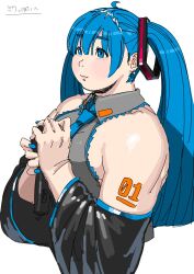 Rule 34 | 1girl, ahoge, alternate body size, bare shoulders, blue eyes, blue hair, blue nails, blue necktie, blush, breasts, closed mouth, commentary, detached sleeves, fat, hair between eyes, hatsune miku, highres, holding, holding microphone, long hair, medium breasts, microphone, necktie, simple background, solo, tareme, thick arms, translated, twintails, upper body, utoka, vocaloid, white background