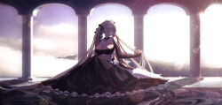 Rule 34 | 1girl, absurdly long hair, absurdres, azur lane, bare shoulders, between breasts, black dress, breasts, cleavage, closed eyes, clothing cutout, column lineup, detached collar, dress, feather dress, formidable (azur lane), frilled dress, frills, gothic lolita, grey hair, highres, holding, holding own hair, large breasts, lolita fashion, long hair, miku sun, necktie, necktie between breasts, ribbon, shoulder cutout, solo, twintails, two-tone dress, two-tone ribbon, very long hair