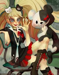 Rule 34 | 1girl, :d, black choker, black footwear, blonde hair, boots, breasts, chair, choker, claws, commentary, danganronpa (series), english commentary, enoshima junko, fingernails, frilled skirt, frills, glitchedpuppet, high heels, long fingernails, looking at viewer, medium breasts, miniskirt, monokuma, nail polish, necktie, open mouth, red nails, red ribbon, red skirt, ribbon, sitting, skirt, smile, spoilers, twintails, watermark, waving, web address