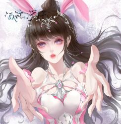 Rule 34 | 1girl, absurdres, animal ears, artist request, bare shoulders, brown hair, collar, douluo dalu, dress, earrings, gradient eyes, hair ornament, highres, jewelry, long hair, metal collar, multicolored eyes, parted lips, pink dress, ponytail, rabbit ears, reaching, reaching towards viewer, second-party source, single earring, solo, teeth, upper body, xiao wu (douluo dalu)