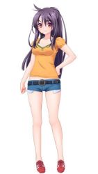 Rule 34 | belt, complets, denim, denim shorts, hand on own hip, long hair, lowres, ponytail, purple hair, red eyes, red sneakers, shinonome rio, shirt, shoes, short shorts, shorts, sneakers, yagai gakushuu 3