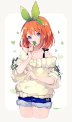 Rule 34 | 1girl, bare shoulders, blue eyes, blue shorts, blush, captain yue, clover, collarbone, covered mouth, cowboy shot, cropped legs, four-leaf clover, go-toubun no hanayome, green hairband, green ribbon, grey background, hair between eyes, hair ribbon, hairband, heart, highres, holding, long sleeves, nakano yotsuba, off-shoulder sweater, off shoulder, orange hair, puffy long sleeves, puffy sleeves, ribbon, short shorts, shorts, solo, sweater, twitter username, two-tone background, white background, white sweater