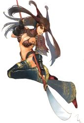 Rule 34 | 1girl, armor, bikini armor, breasts, brown hair, earrings, floating hair, full body, gauntlets, head tilt, highres, holding, holding weapon, jewelry, large breasts, long hair, looking at viewer, looking back, midriff, naginata, original, polearm, shoulder pads, signature, simple background, smile, solo, tahra, very long hair, weapon, white background