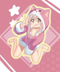 Rule 34 | 1girl, animal hood, bare legs, barefoot, blush stickers, brown eyes, cat hood, commentary, drawstring, full body, fur trim, gustavo schuler, hair between eyes, highres, hood, hood up, jacket, long hair, long sleeves, looking at viewer, official alternate costume, onii-chan wa oshimai!, open mouth, outline, oyama mahiro, pink hair, pink jacket, sidelocks, simple background, smile, solo, star (symbol), v, wavy mouth, yellow outline, zipper pull tab