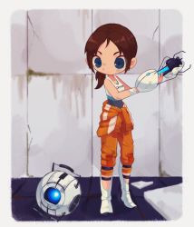 Rule 34 | 1girl, aperture science handheld portal device, bandaged wrist, bandages, blue eyes, brown hair, chell, closed mouth, dirty, dirty face, highres, holding, jumpsuit, jumpsuit around waist, masyu ori, orange jumpsuit, ponytail, portal, portal (series), portal 2, ruins, shirt, sleeveless, sleeveless shirt, smile, wheatley, white shirt