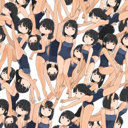 Rule 34 | 4girls, absurdres, arm behind back, arms at sides, black eyes, black hair, blue one-piece swimsuit, breasts, character request, commentary request, copyright request, from behind, from side, full body, highres, knees to chest, knees together feet apart, leaning forward, long hair, looking at viewer, looking to the side, medium hair, multiple girls, multiple views, nagomurasan, one-piece swimsuit, open mouth, original, short hair, sidelocks, small breasts, spaghetti strap, standing, swimming, swimsuit, white background