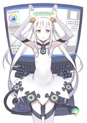 Rule 34 | 1girl, :&lt;, albino, armpits, character request, computer, demon tail, elbow gloves, gloves, halo, keyboard (computer), kuroboshi kouhaku, official art, painttool sai, palette (character), red eyes, solo, tail, thighhighs, twintails, white hair, yumeiro happy end