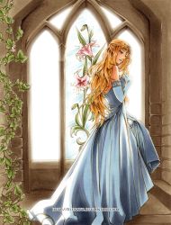Rule 34 | 1girl, blonde hair, blue dress, blue hair, breast suppress, bridal gauntlets, clothes grab, dress, elbow gloves, elenatha, elf, flower, gloves, gown, hand on another&#039;s chest, hand on own chest, indoors, leaf, lily (flower), long hair, marker (medium), nintendo, pointy ears, princess, princess zelda, profile, solo, the legend of zelda, tiara, traditional media, watermark, web address, wedding dress, window